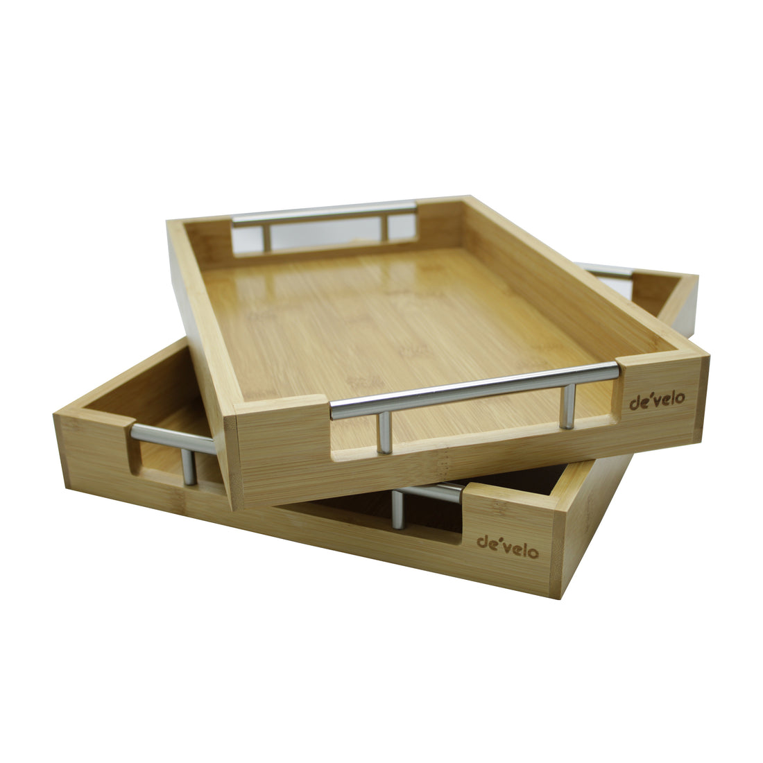 Bamboo Modern Serving Tray with Metal Handles (Set of 2)