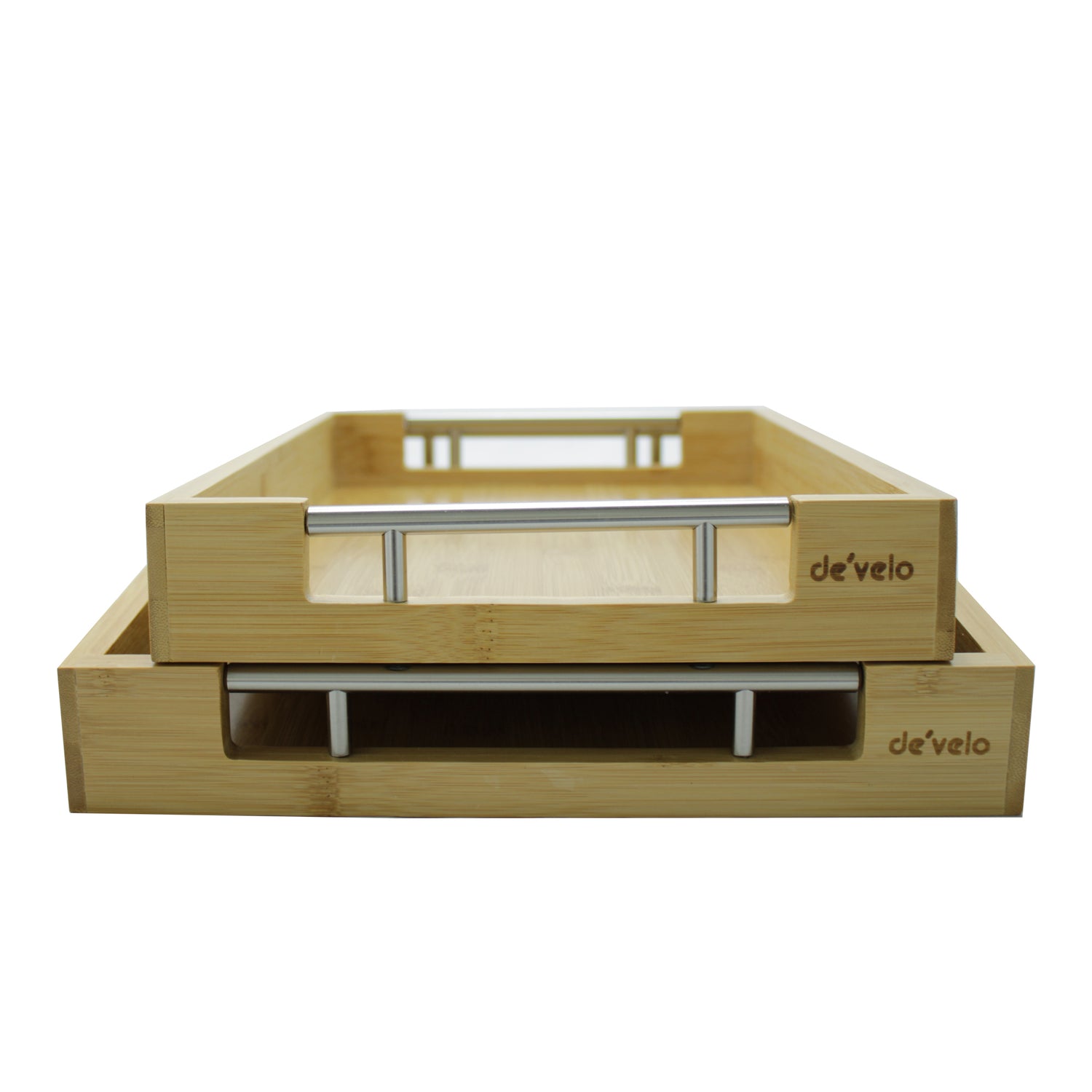 Bamboo Modern Serving Tray with Metal Handles (Set of 2)
