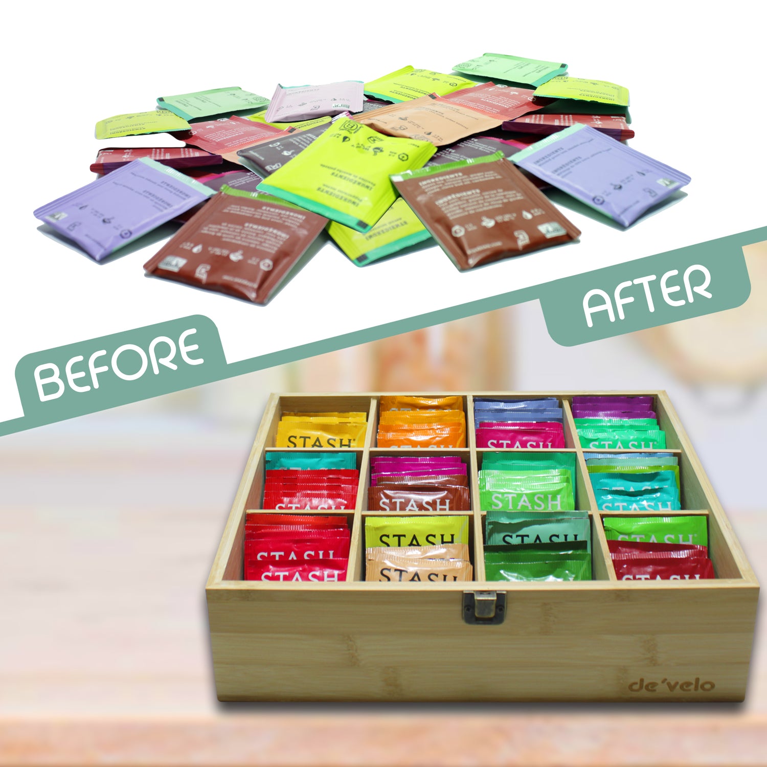 12 Compartment Bamboo Tea Bag Organizer