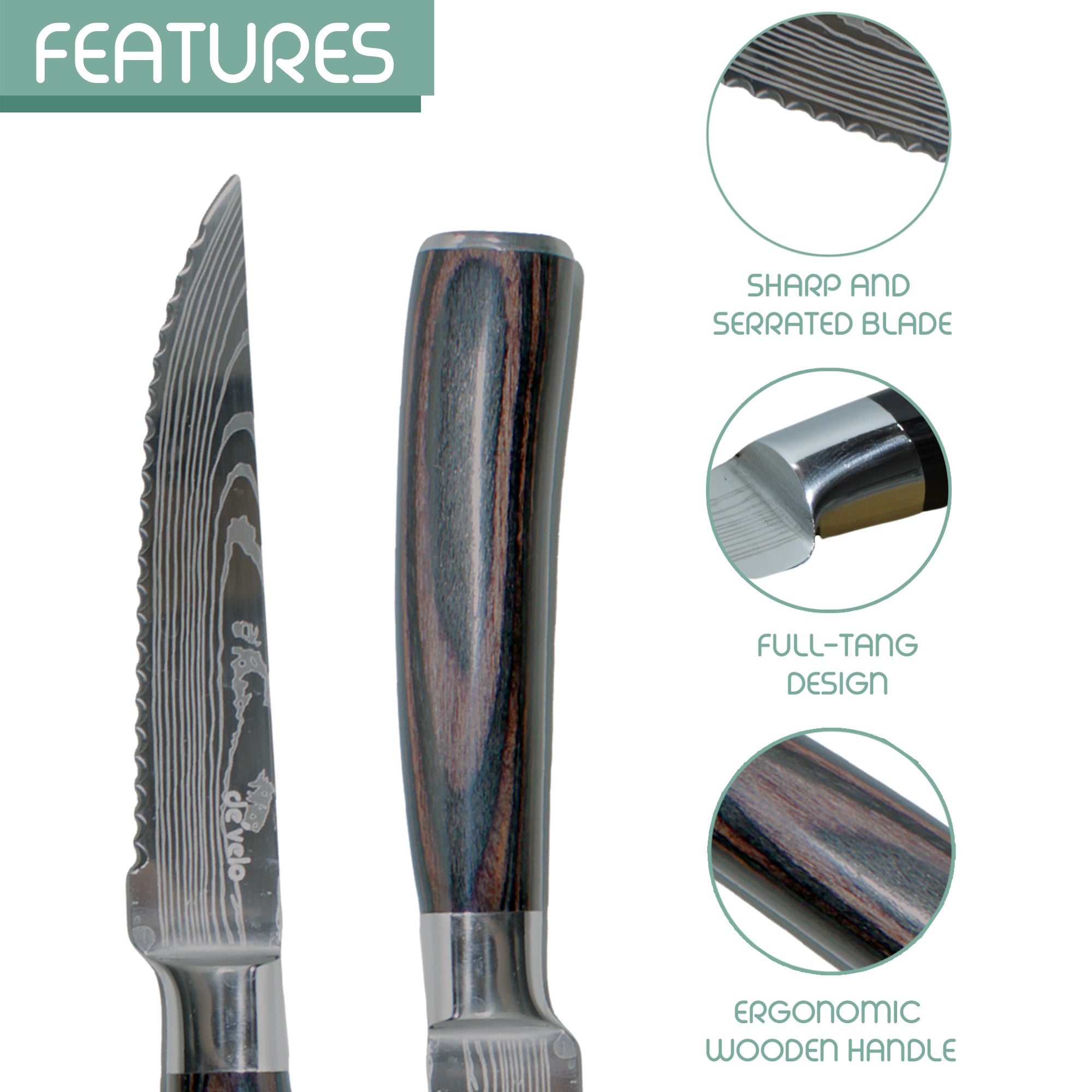 6-Piece Damascus Pattern Serrated Steak Knife Set