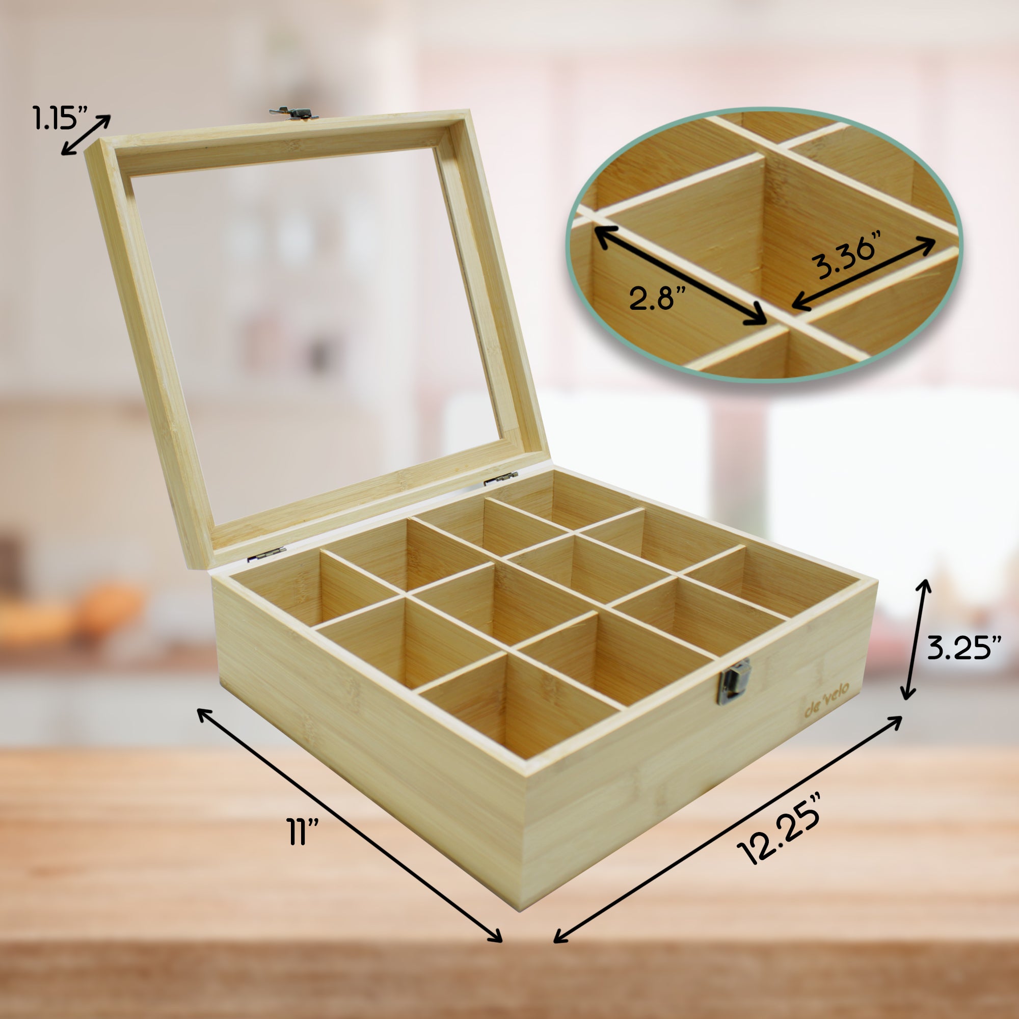 12 Compartment Bamboo Tea Bag Organizer