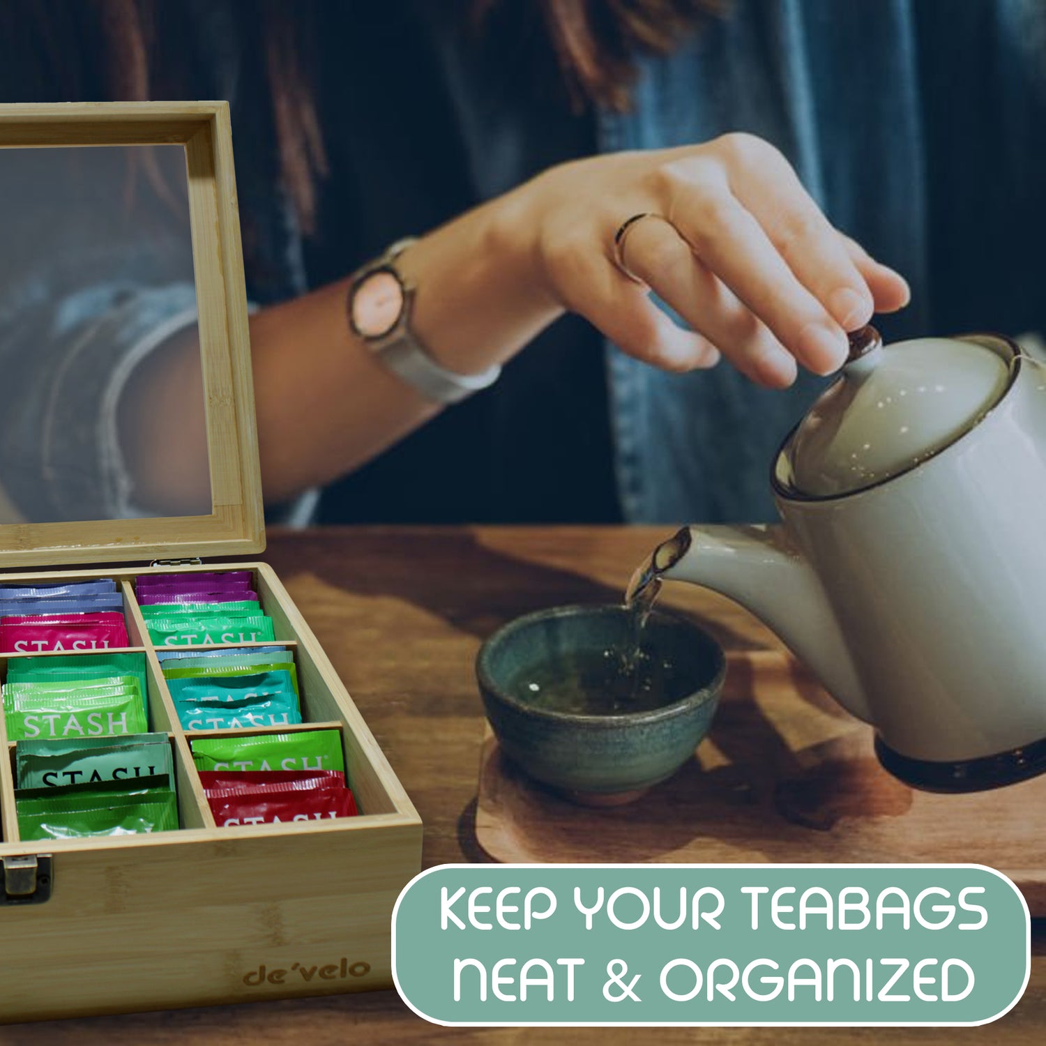 12 Compartment Bamboo Tea Bag Organizer