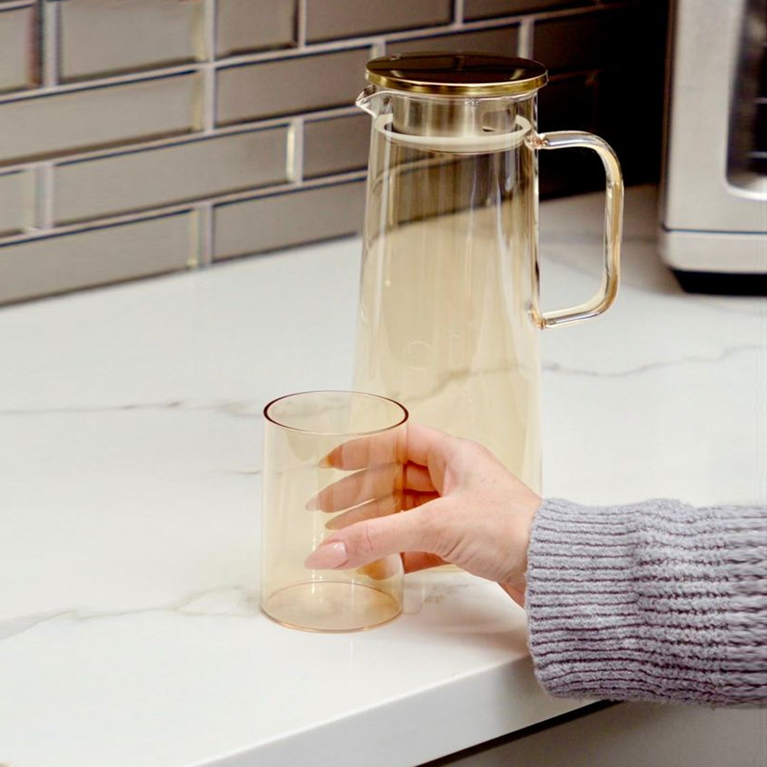 7-Piece Glass Pitcher Set (with Straining Lid, Handle) and 6 Glasses