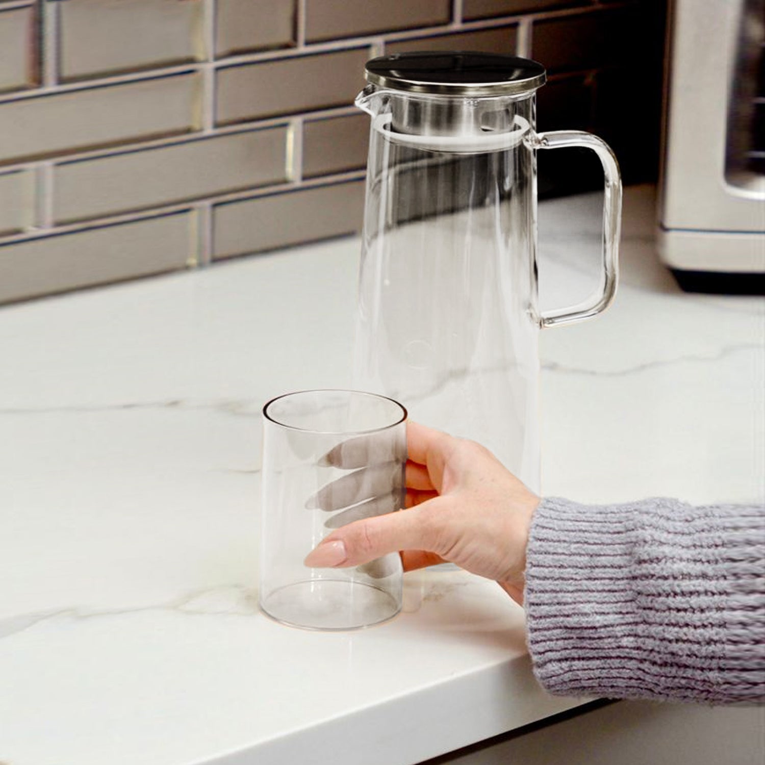 7-Piece Glass Pitcher Set (with Straining Lid, Handle) and 6 Glasses