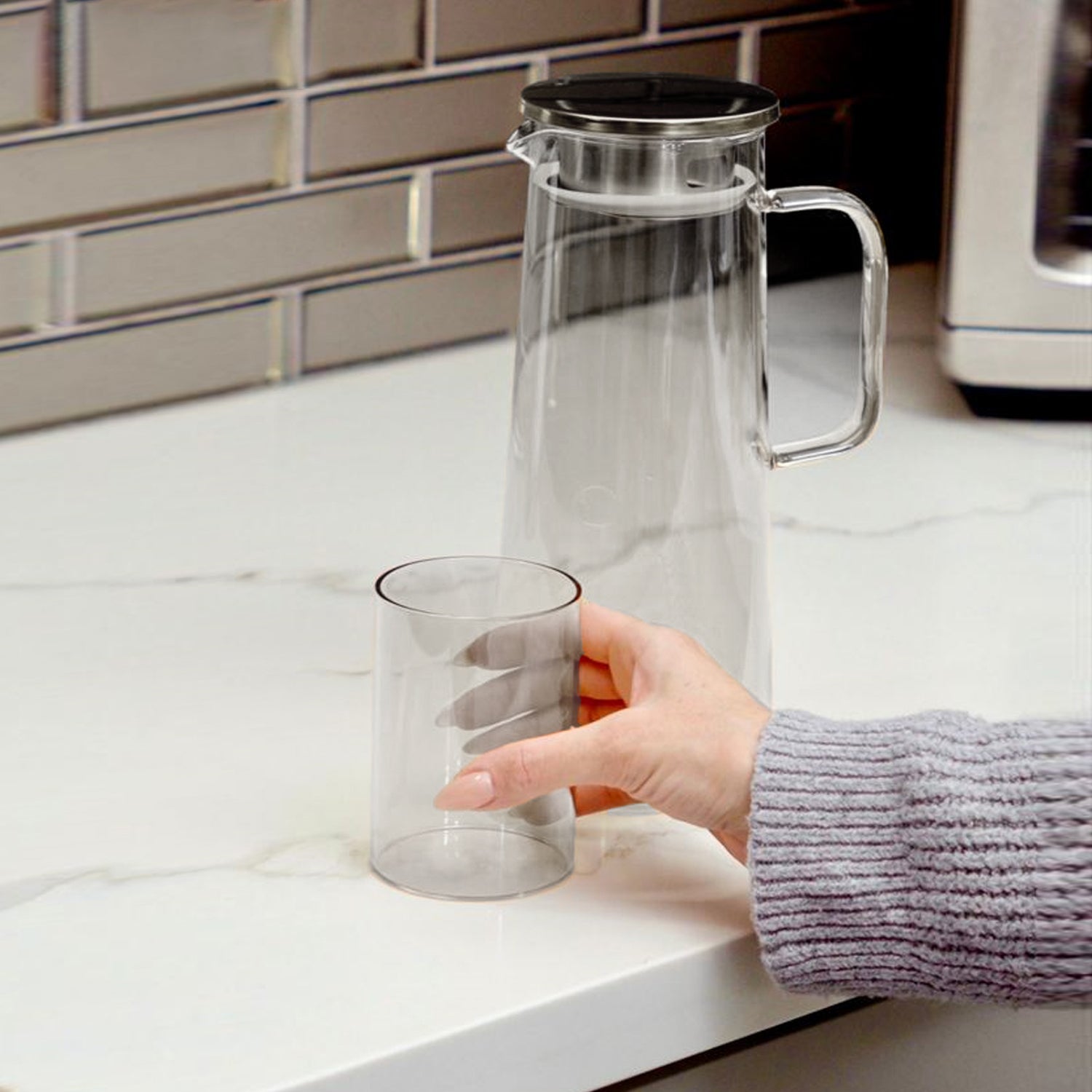 7-Piece Glass Pitcher Set (with Straining Lid, Handle) and 6 Glasses