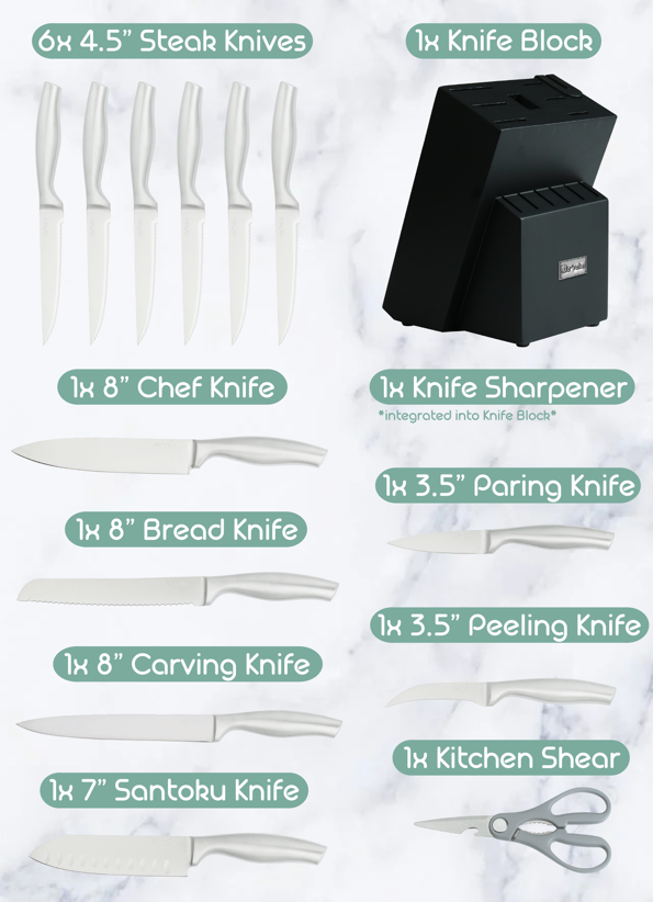 Elegant 15 Piece Kitchen Knife Set with Integrated Sharpener