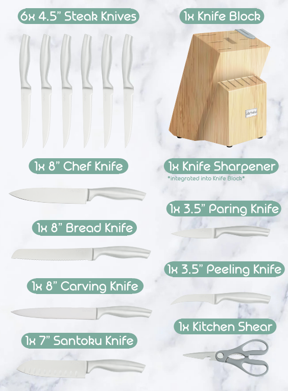 Elegant 15 Piece Kitchen Knife Set with Integrated Sharpener