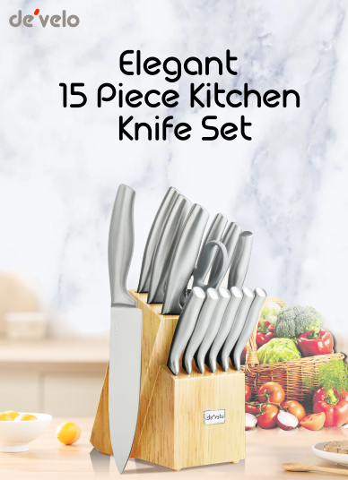 Elegant 15 Piece Kitchen Knife Set with Integrated Sharpener