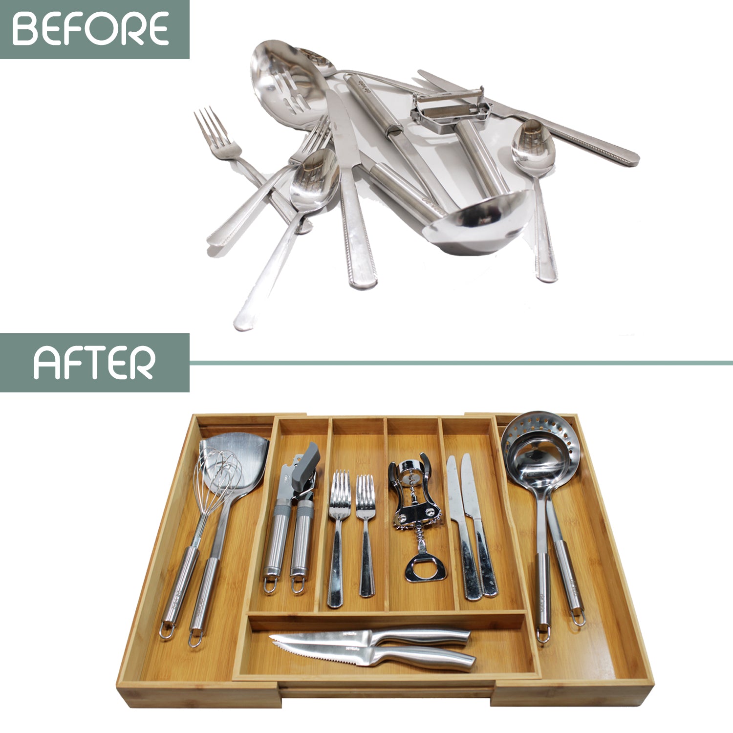 Adjustable Bamboo Kitchen Drawer Organizer