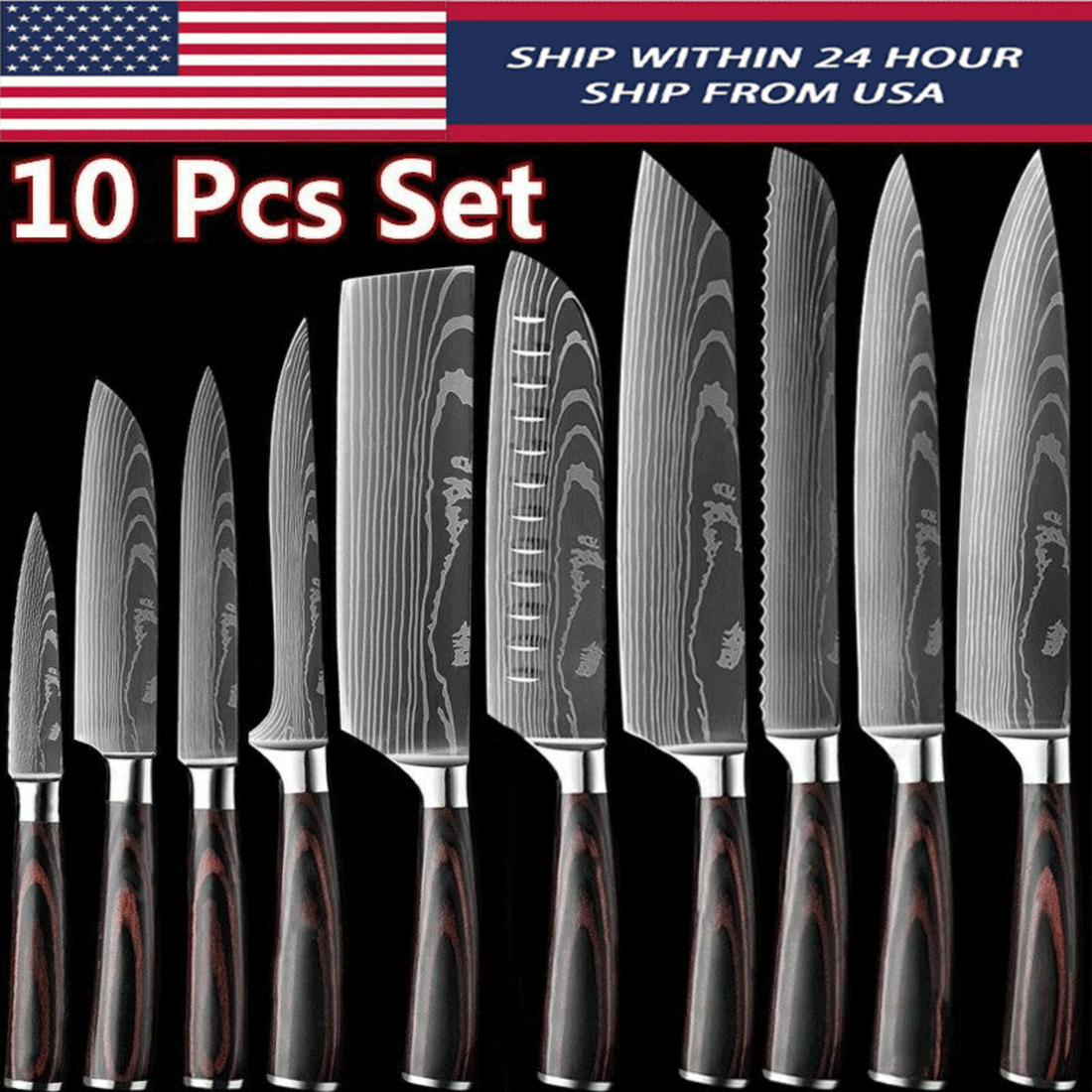 Damascus Pattern Kitchen Knife 10-Piece Set