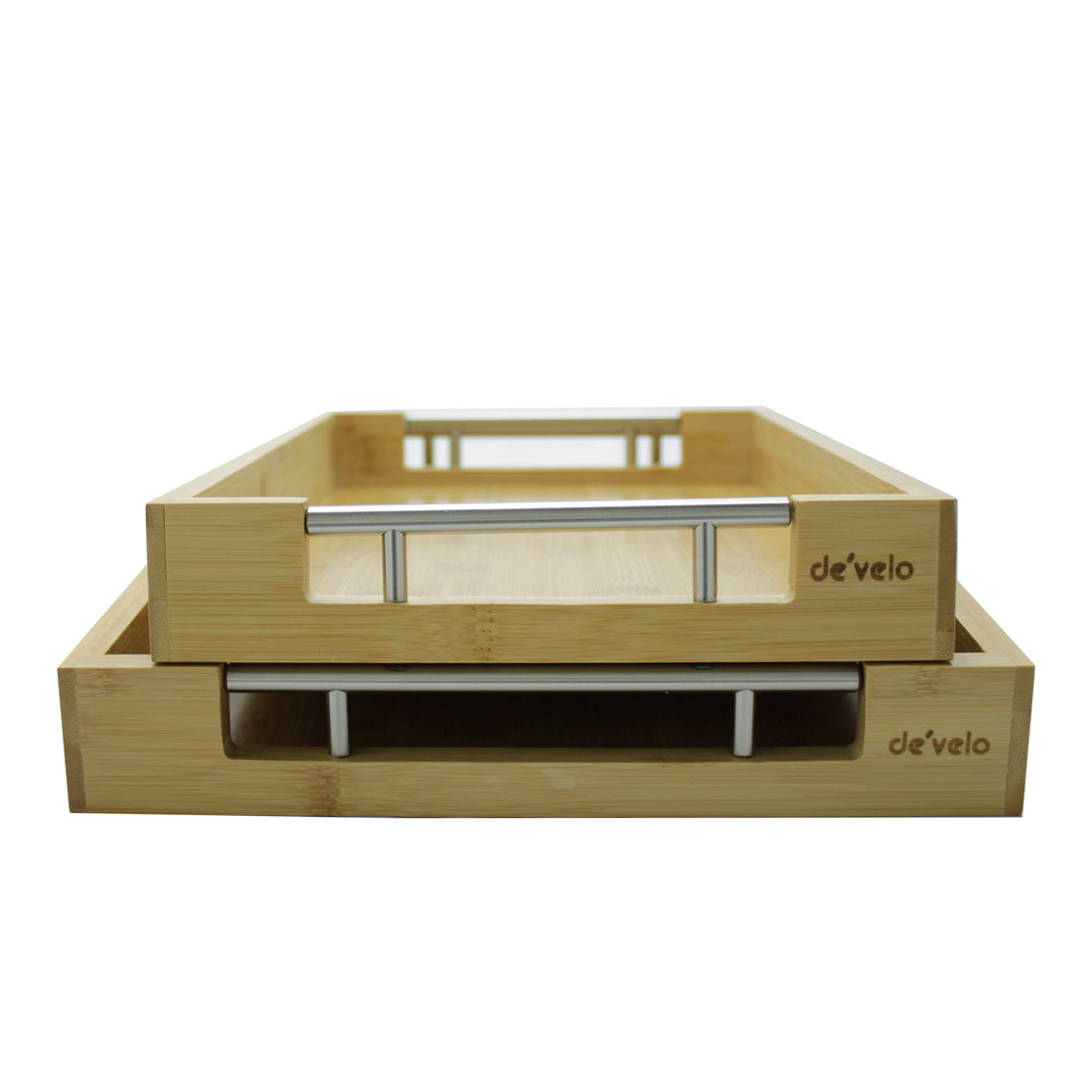 Bamboo Modern Serving Tray with Metal Handles (Set of 2)