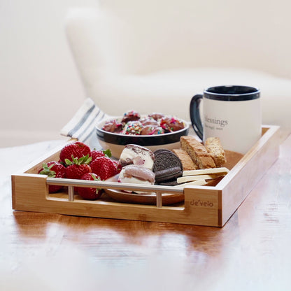 Bamboo Modern Serving Tray with Metal Handles (Set of 2)